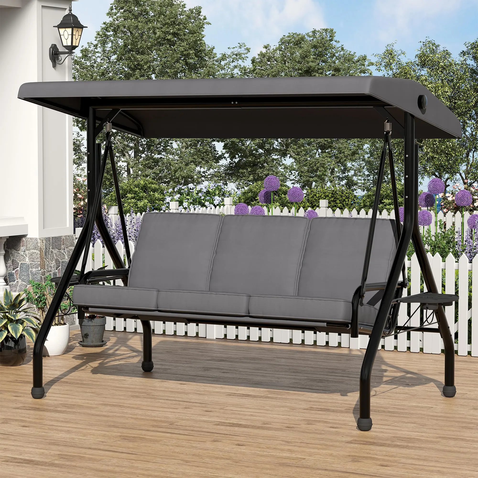 Gaomon 3 Seat Outdoor Swing Chair with Canopy, 2-in-1 Convertible Patio Porch Swing Bench, 360 Degree Adjustable Sun Shade, Heavy Duty Steel Frame, Washable Cushions for Garden Backyard