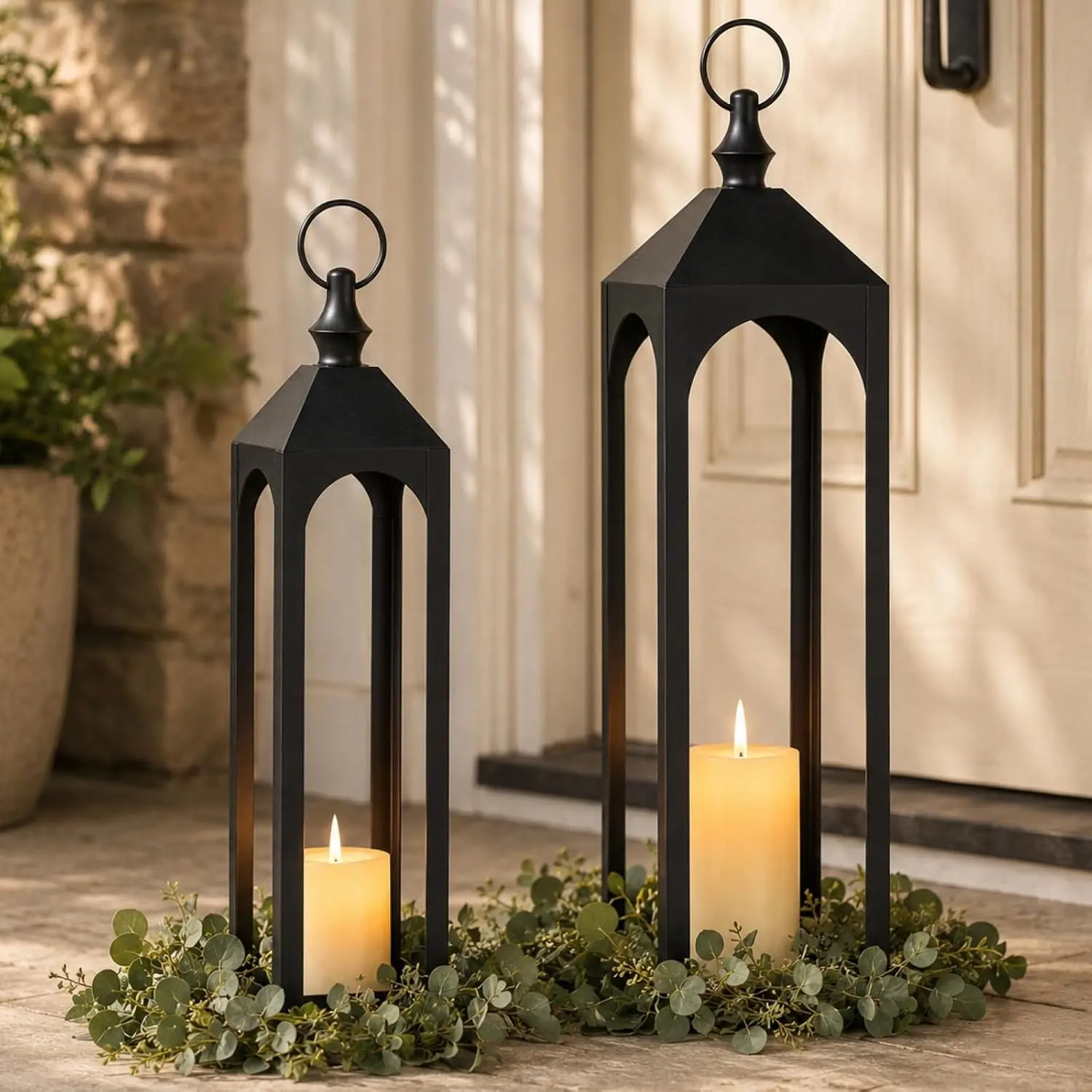 24" & 20" Large Outdoor Floor Lantern for Front Porch Decor, Black