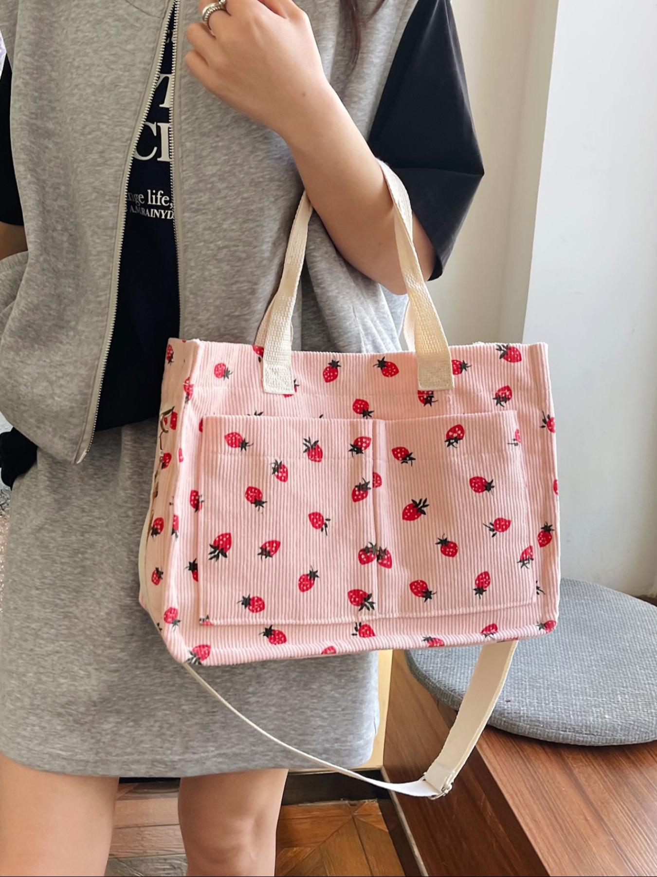 Stylish Strawberry Print Crossbody Shoulder Bag, Large Capacity Multi-Pocket Design, Perfect for Daily Commute & Shopping Needs, Floral Embossed Satchel