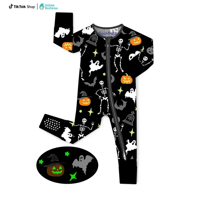babee Reshinee Bamboo Baby Footie Pajama 0-24M, Halloween Christmas Baby Sleeper for Boys Girls, Zipper Sleep & Play Romper with 2-Way Zipper, Fold-Over Mittens & Foot Cuffs with Grips, Tagless Convertible All-Season Sleepwear