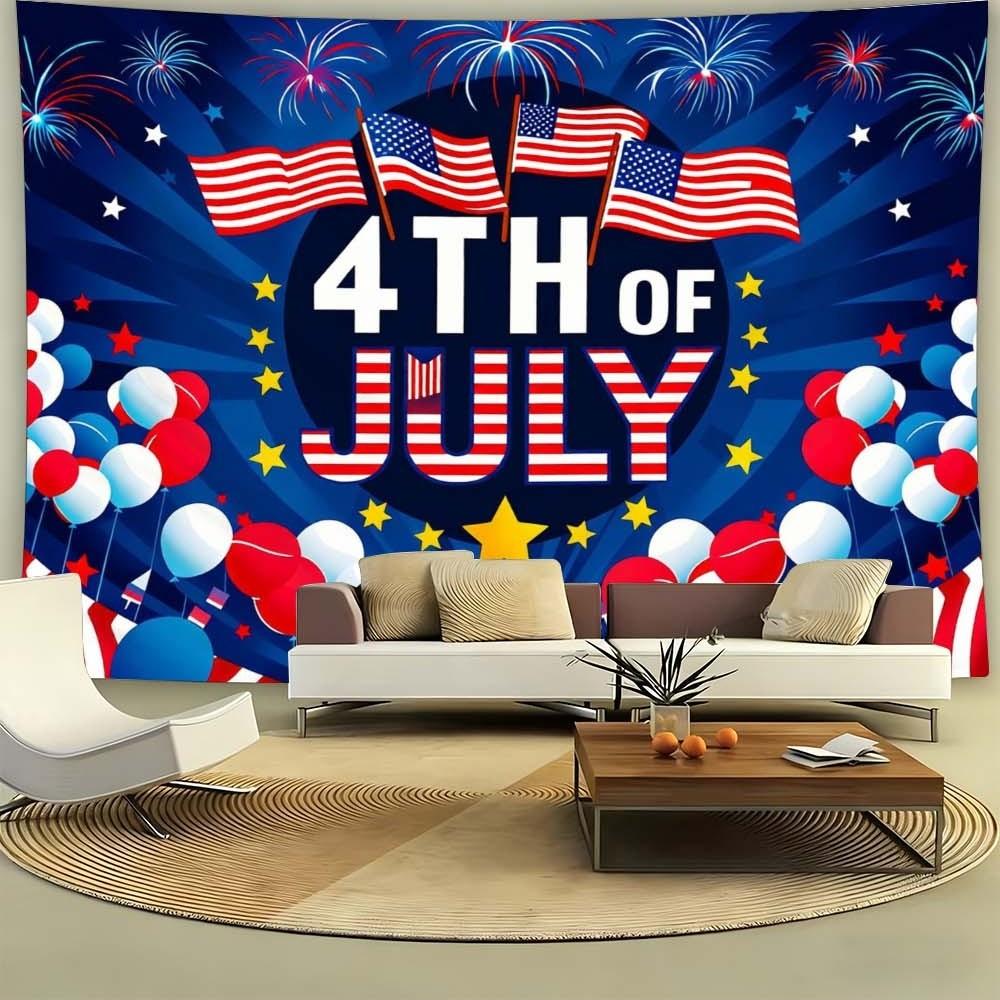 1PC Independence Day themed tapestry for enhancing home atmosphere perfect for bedrooms and living rooms ideal for gatherings and celebrations wall decoration featuring vibrant stars stripes flags and fireworks background fabric adding festive vibes to an