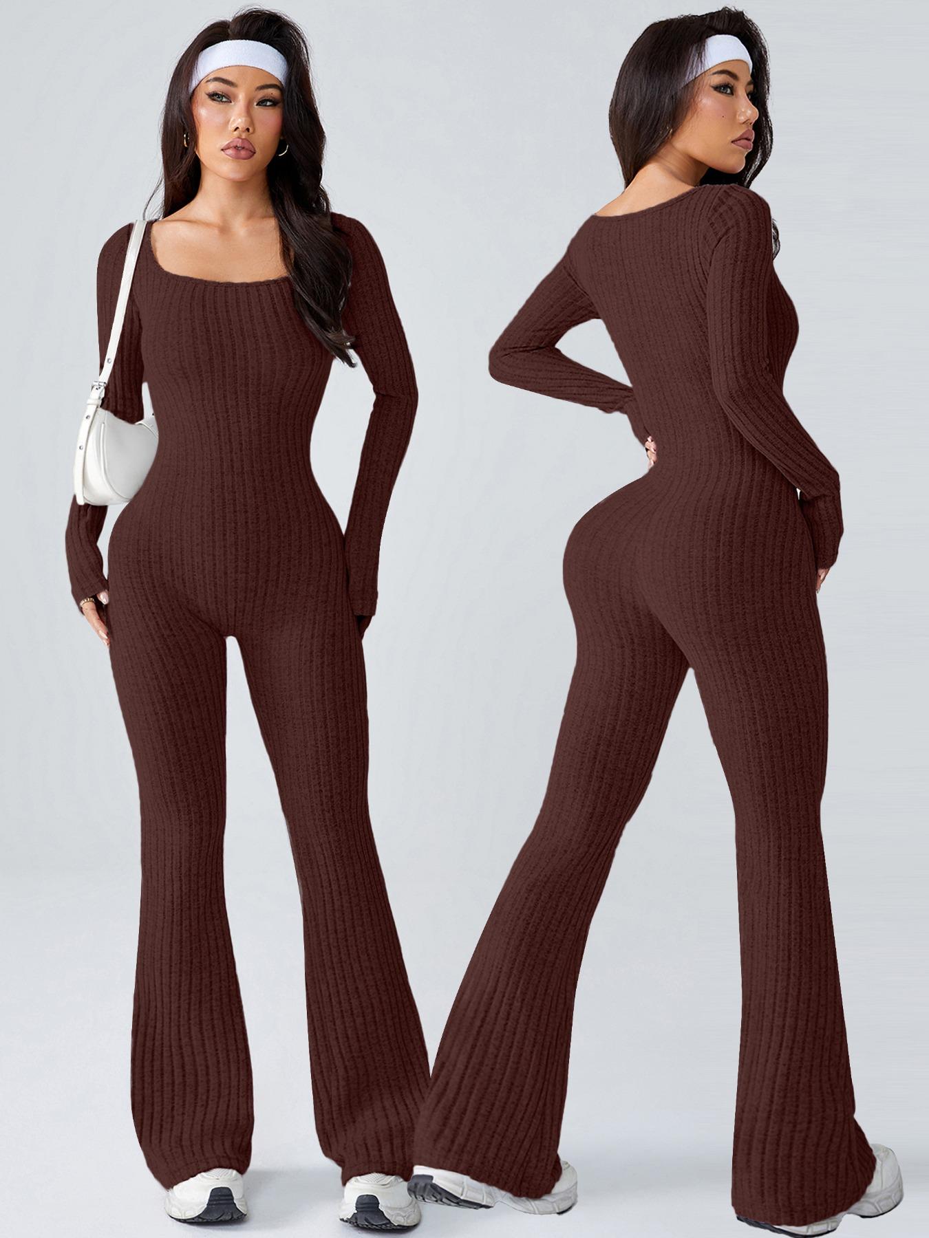 Women's Sporty U-Neck Long Sleeve Yoga Jumpsuit, Slim-Fit Below Knee Knitted Romper for All Seasons, Casual Fashion Wear