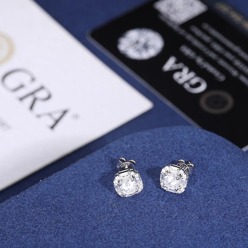 【#E250】925 Sterling Silver Synthetic Moissanite Square Halo Earrings for Women Men Jewelry Gifts Hip Hop Rapper