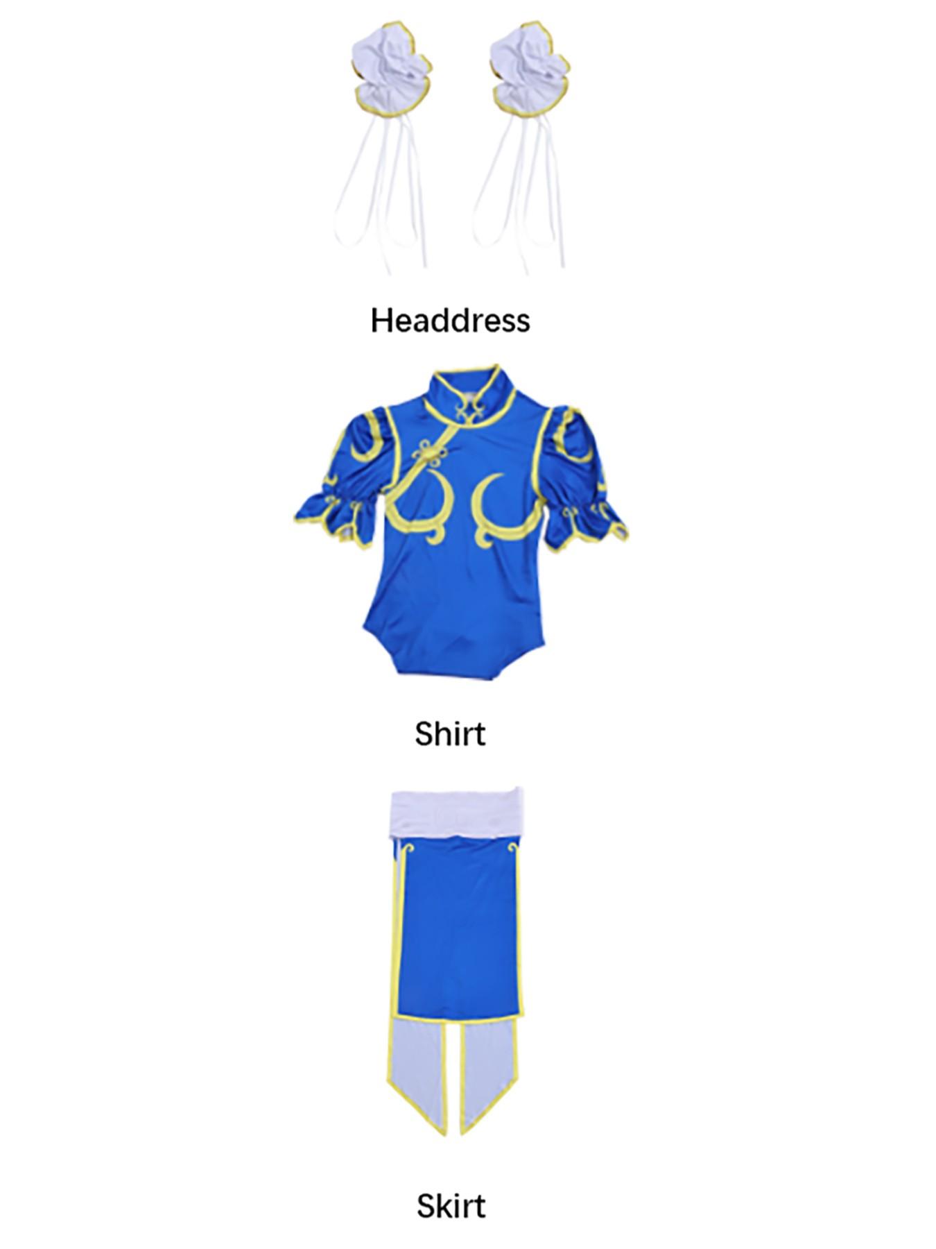 Women's Street Fighter Chun Li Costume, Blue Qipao with Headpiece and Belt, Halloween Dress, Role Play Game