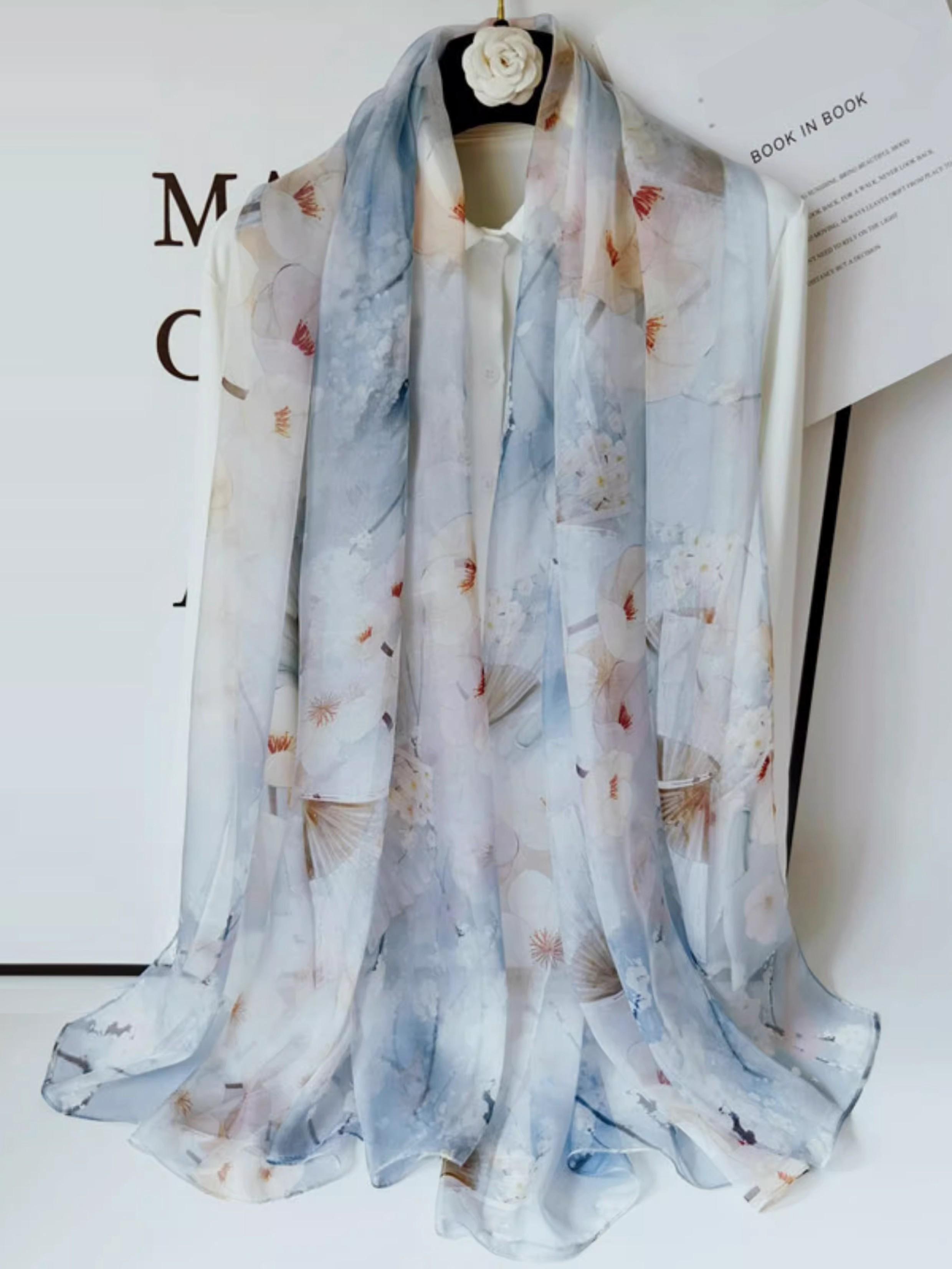 175cm*110cm Printed Silk Shawl for Women, High-End Silk Scarf, Lotus Pattern, 100% Mulberry Silk, Soft and Breathable, Ideal Gift