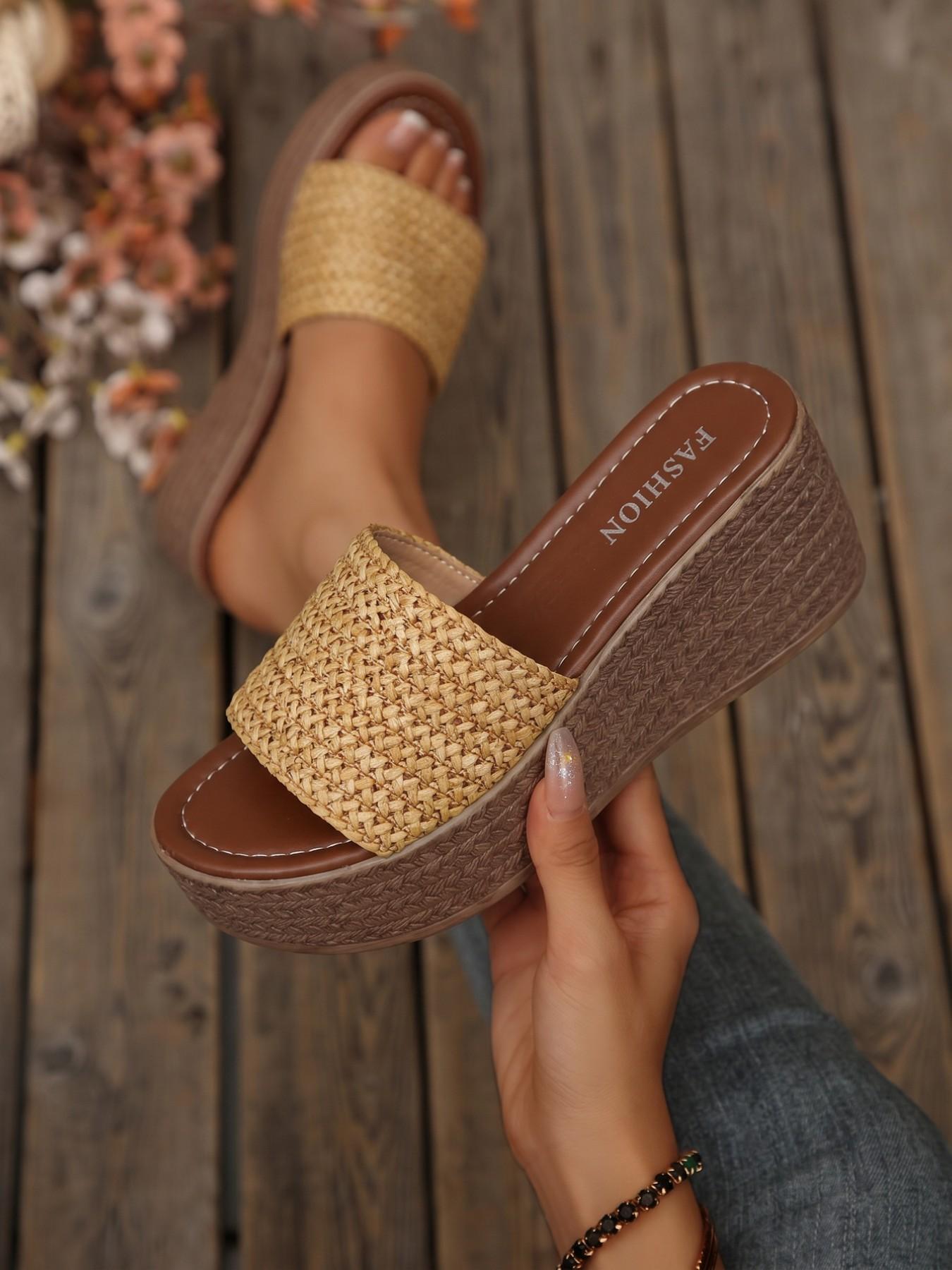 Women's Straw One-Strap Wedge Sandals, Summer Outdoor Retro Braided Thick Sole Platform Slippers, Beach Slip-Ons, Anti-Slip, Height-Increasing, Braided Design Sandals