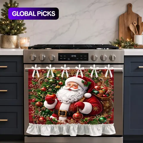 Vintage Santa Claus Kitchen Apron, Christmas Oven Door Cover with Ruffle Trim, Farmhouse Stove Towel Curtain for Xmas Party Decor, Festive Home Decoration #GLOBAL PICKS