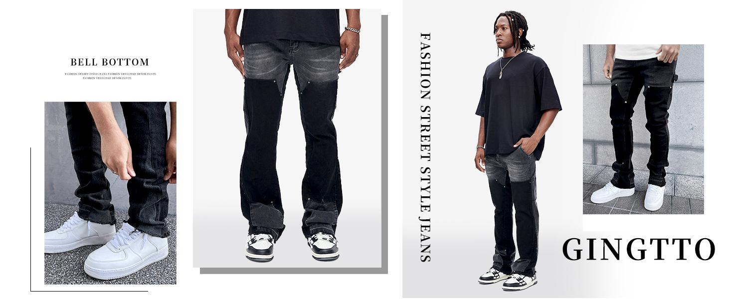 GINGTTO Men's Stacked Flared Jeans Bootcut Patchwork Streetwear Denim Pants GINGTTO Men's Stacked Flared Jeans Bootcut Patchwork Streetwear Denim Pants
