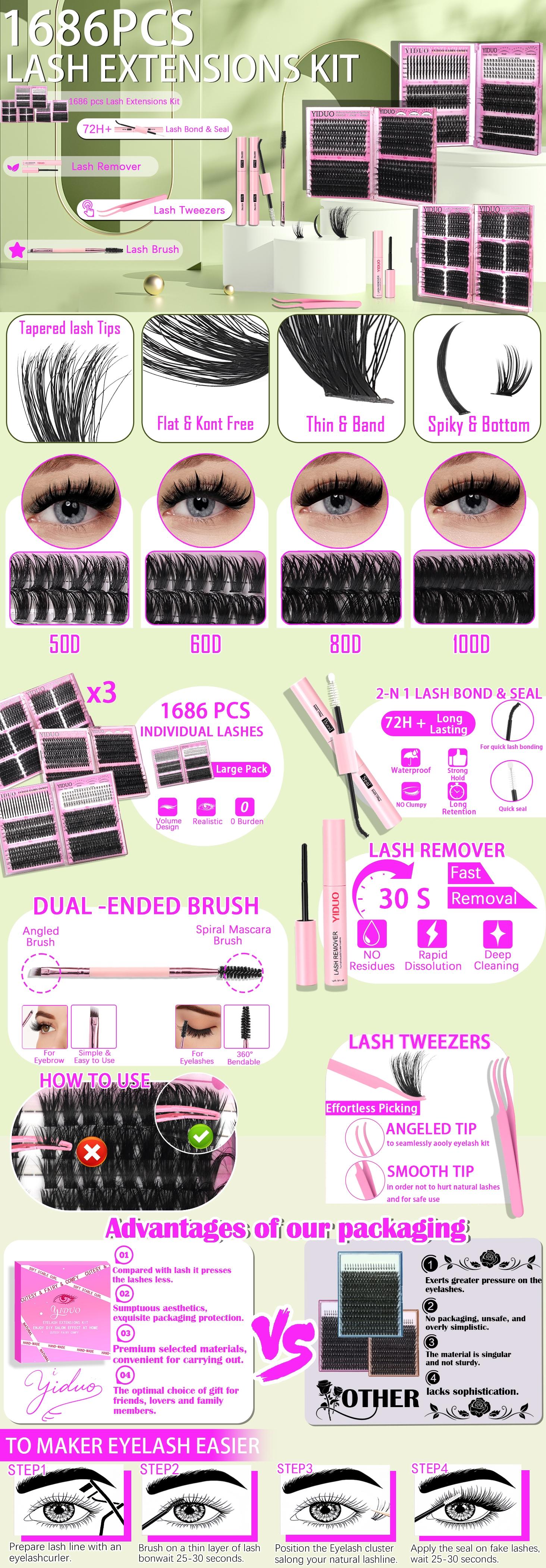 YIDUO Kit Gift Packs 6 boxes Mix Styles DIY Individual Lashes 1846Pcs Lash Clusters Eyelash Extension Kit, Volume/ Mega/ Full/Spikes/Bottom Extensions Kit With Bond and Seal makeup tools with Everything You Need for Beginners and Proficient, DIY at Home