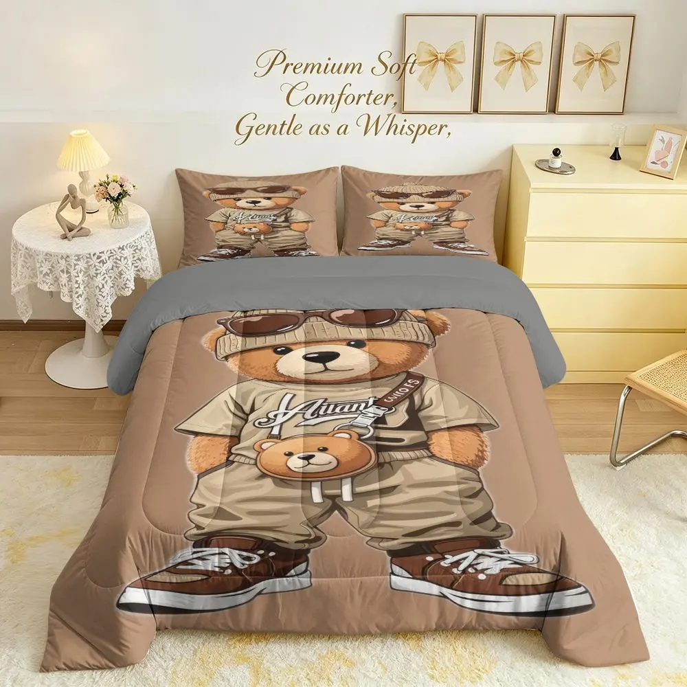 3Pcs Hip Hop Bear Printed Comforter Set (1 Quilt, 2 Pillowcase), Cool Style Digital Print Bedding Set, Soft Breathable Quilted Quilt, Trendy Bedroom Decor for Kids Teens Adults, All Season Bedding Set.