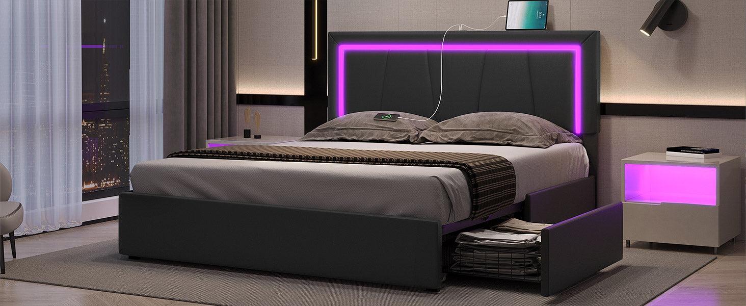 Sikaic 4 Drawers Faux Leather Upholstered Platform Bed Frame With LED Headboard Black