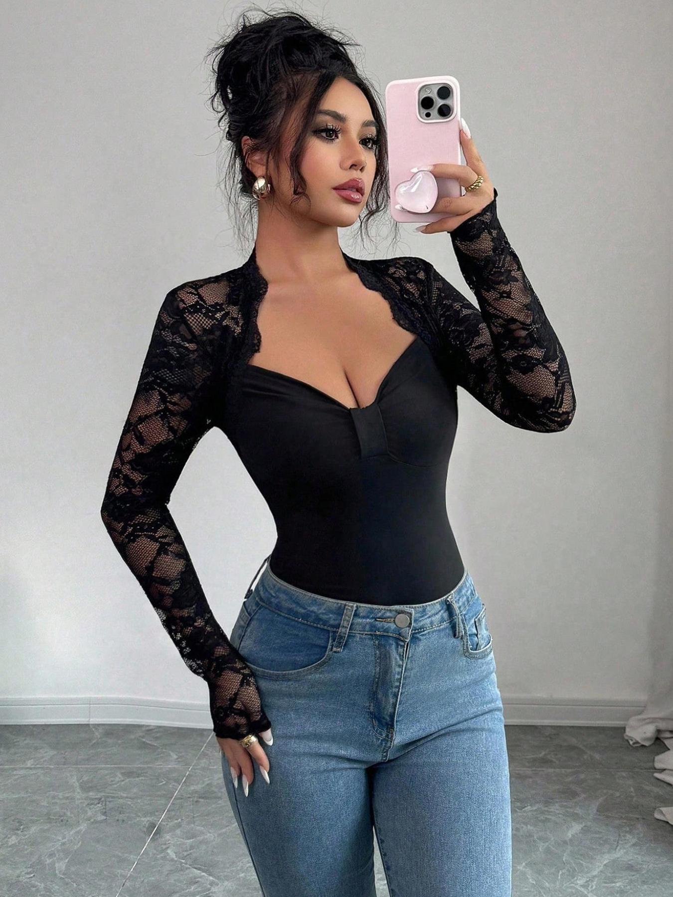 Women's Fall Winter Fashion Design Big V-Neck Solid Color Long Sleeve Jumpsuit, Lace Patchwork, Versatile Stylish One-Piece