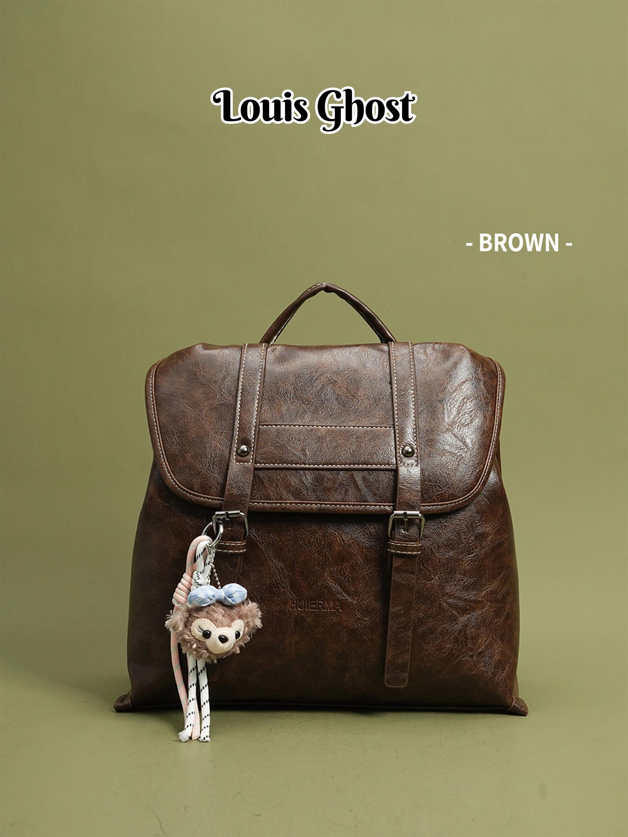 Retro leather backpack - Ladies' retro school style backpack! Classic flip cover backpack, with plush bear pendant and buckle details; Classic faux leather daily bag, suitable for school, commuting and traveling; Douyin bestseller fashion accessory; Light