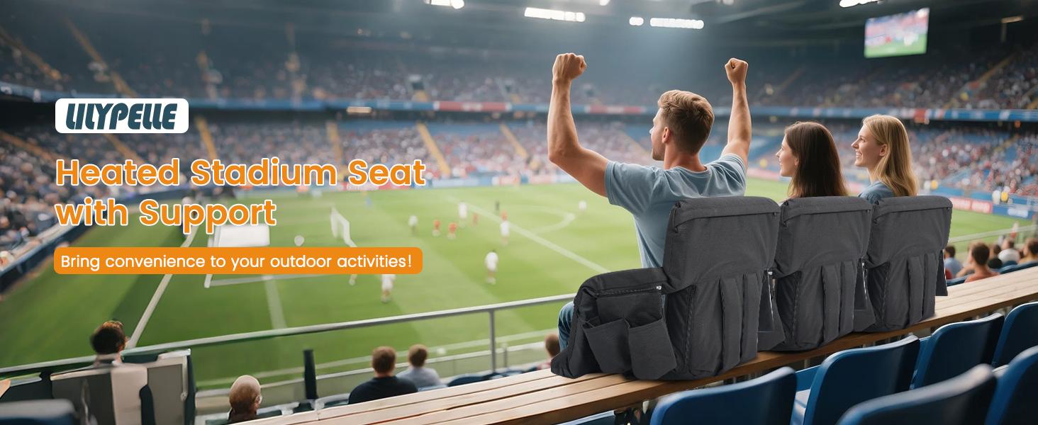 Lilypelle 21“/25” Wide Double Heated Bleacher Seat – 6-Position Recliner with Arms & Back, Portable for Sports & Outdoors, Power Bank Not Included