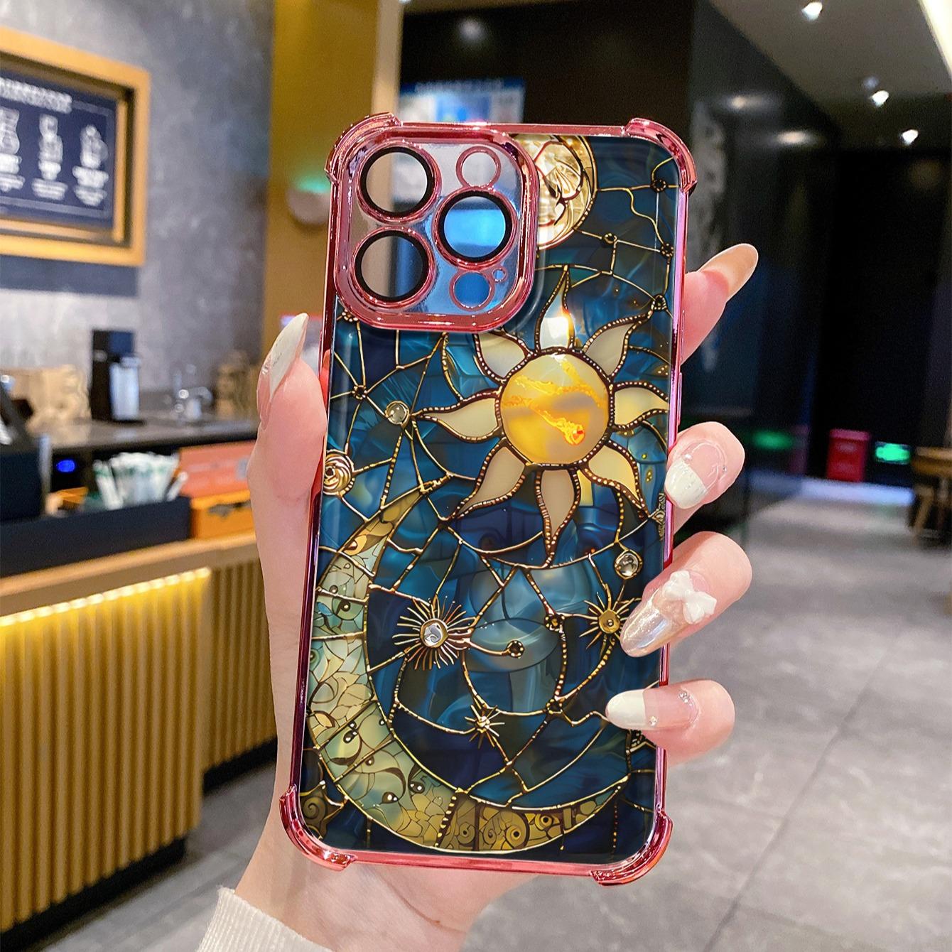 Four-corner anti-drop TPU phone case with sun and moon pattern design, suitable for iPhone 16 15 14 Pro Max 13 12 11 XR XS Plus, shockproof full camera protection, durable and slim silicone shell phone case Cover