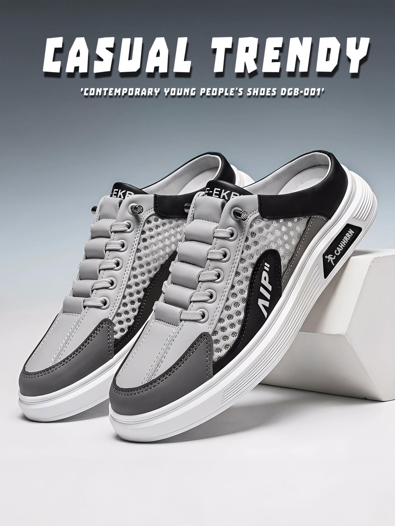 New Summer Men's Casual Sports Shoes, Laces Mesh Breathable Flat Slip-On Walking Sneakers, Comfortable Board Shoes for Daily Wear