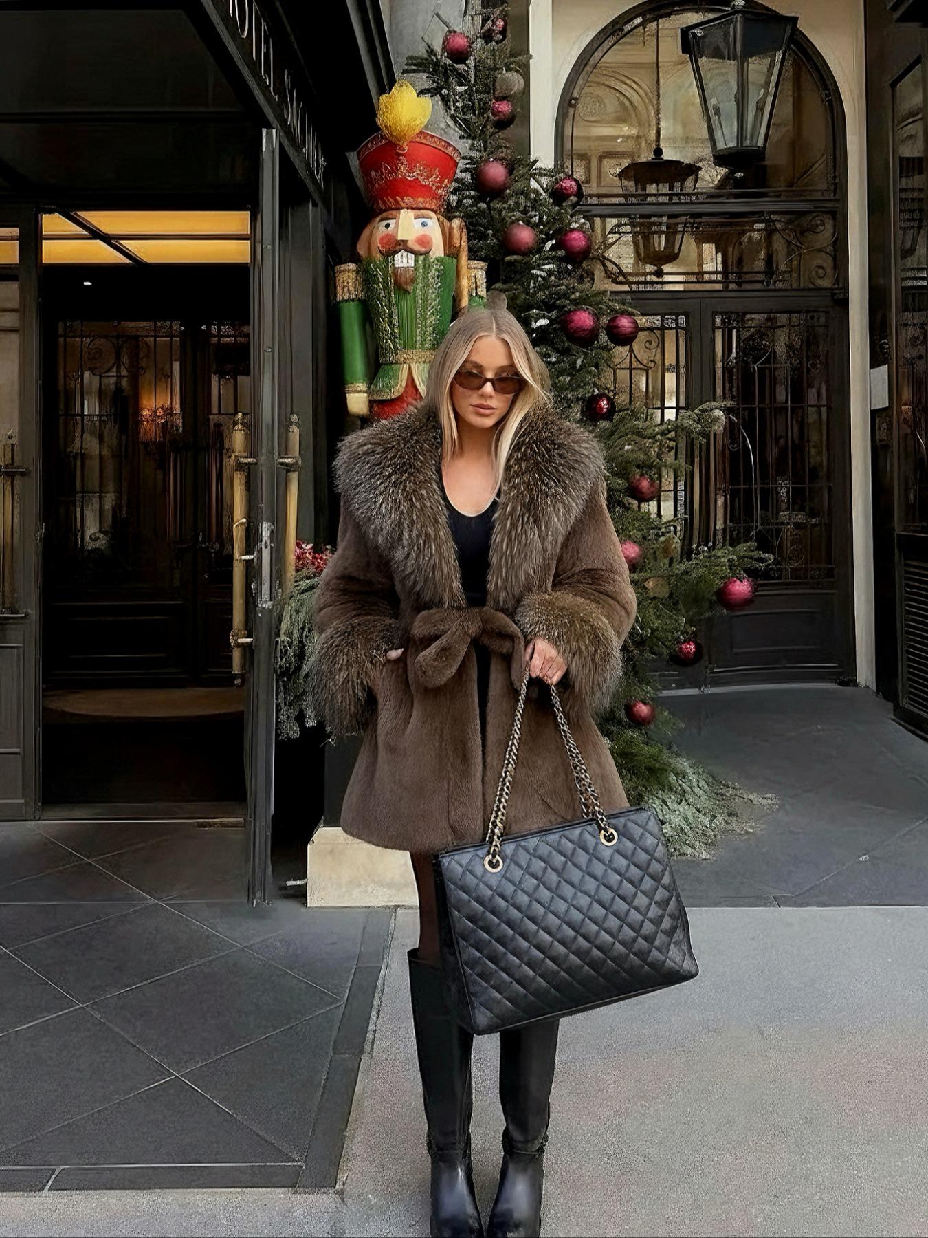 Women's Winter Fashion Faux Fur Coat, Vintage Loose Fit Long Sleeve Jacket, Large Fur Collar, Daily Wear Outerwear