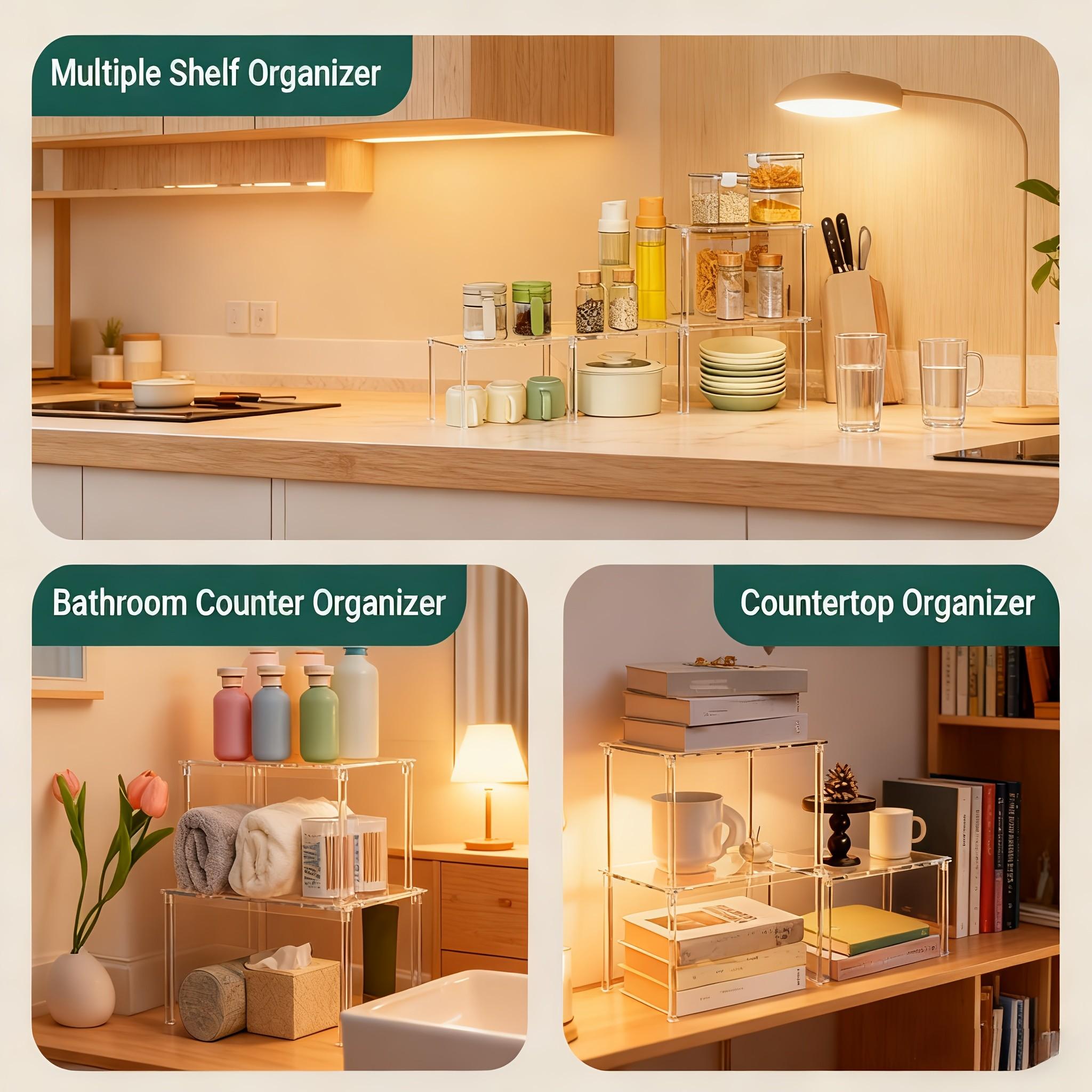 Transparent Acrylic Storage Rack, Layered Kitchen Organizer, Stackable Shelving for Cabinets, Desks, Countertops, Vertical Storage Solution