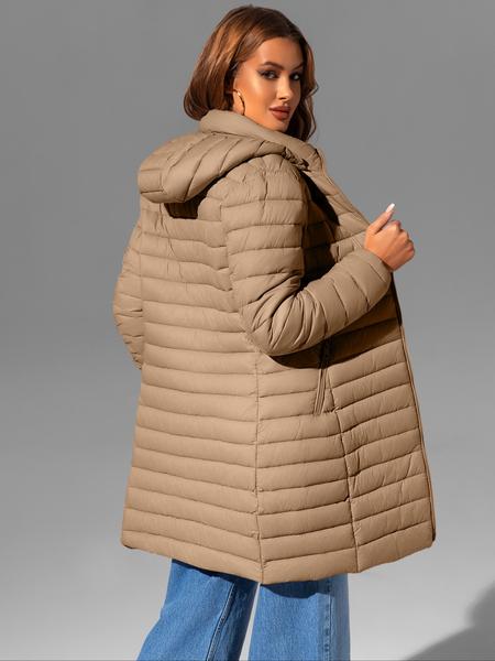Women's Mid-Length pufferHooded Jacket with Zipper Pockets, Casual Plain Woven Fabric Coat for Fall & Winter Outdoor Commuting