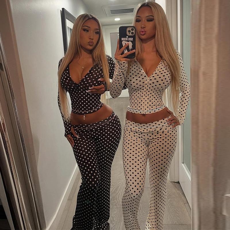 Women's Top & Pants Two-piece Set, Polka Dots Print Zipper Up Extra Long Sleeve Hooded Sweatshirt Top & Flare Leg Long Pants Sets, Casual Cut Out Sleeves Hoodies Coat Cardigan Crop Top With Bottoms Suit, Ladies Spring Fall Winter Trendy Casual Outfits