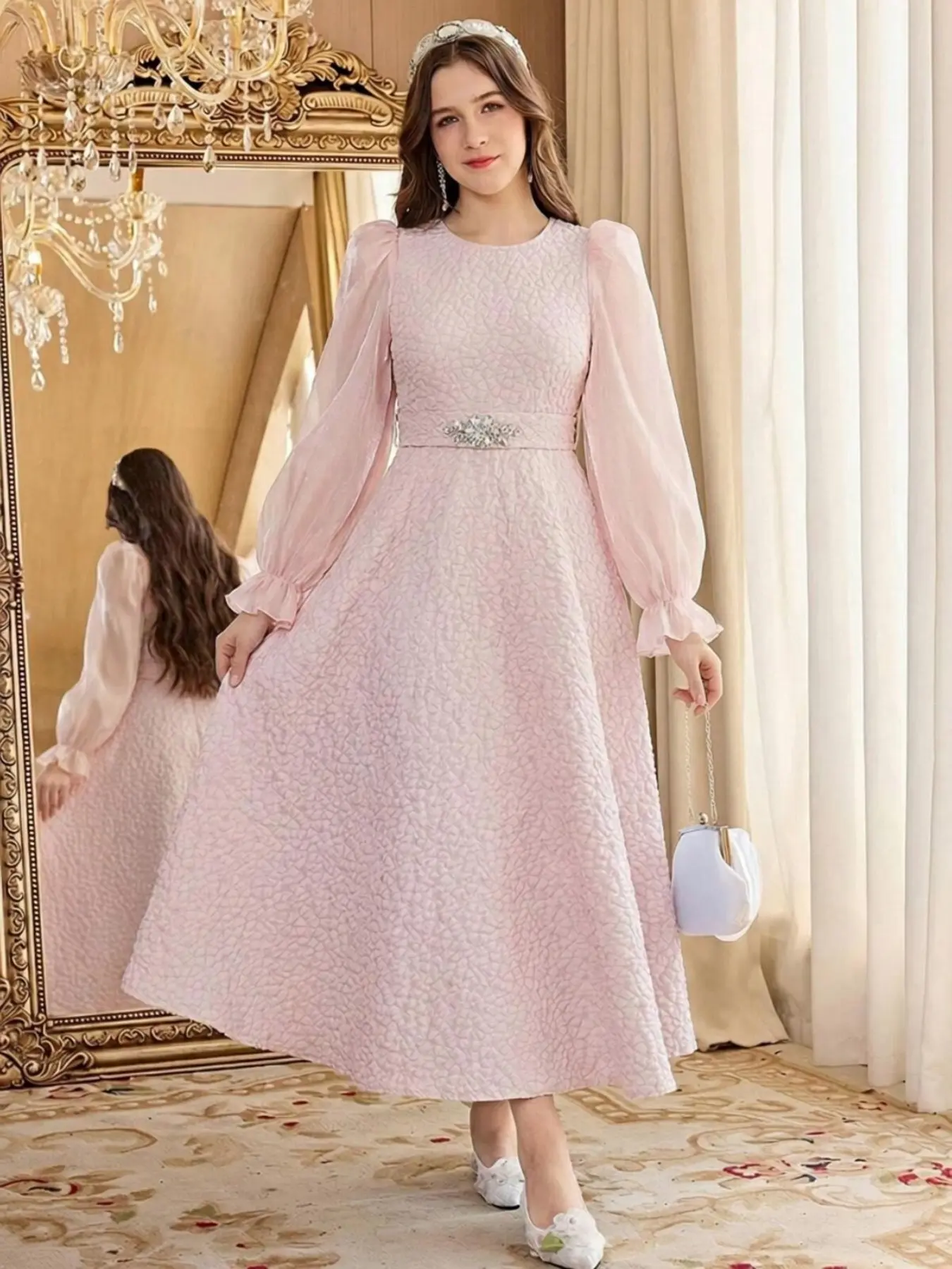 Teenage Girls Formal Maxi Dress, Luxury Modest Party, Sheer Puff Long Sleeve, Crystal Rhinestone Waist Belt, Wedding Banquet Church Wear