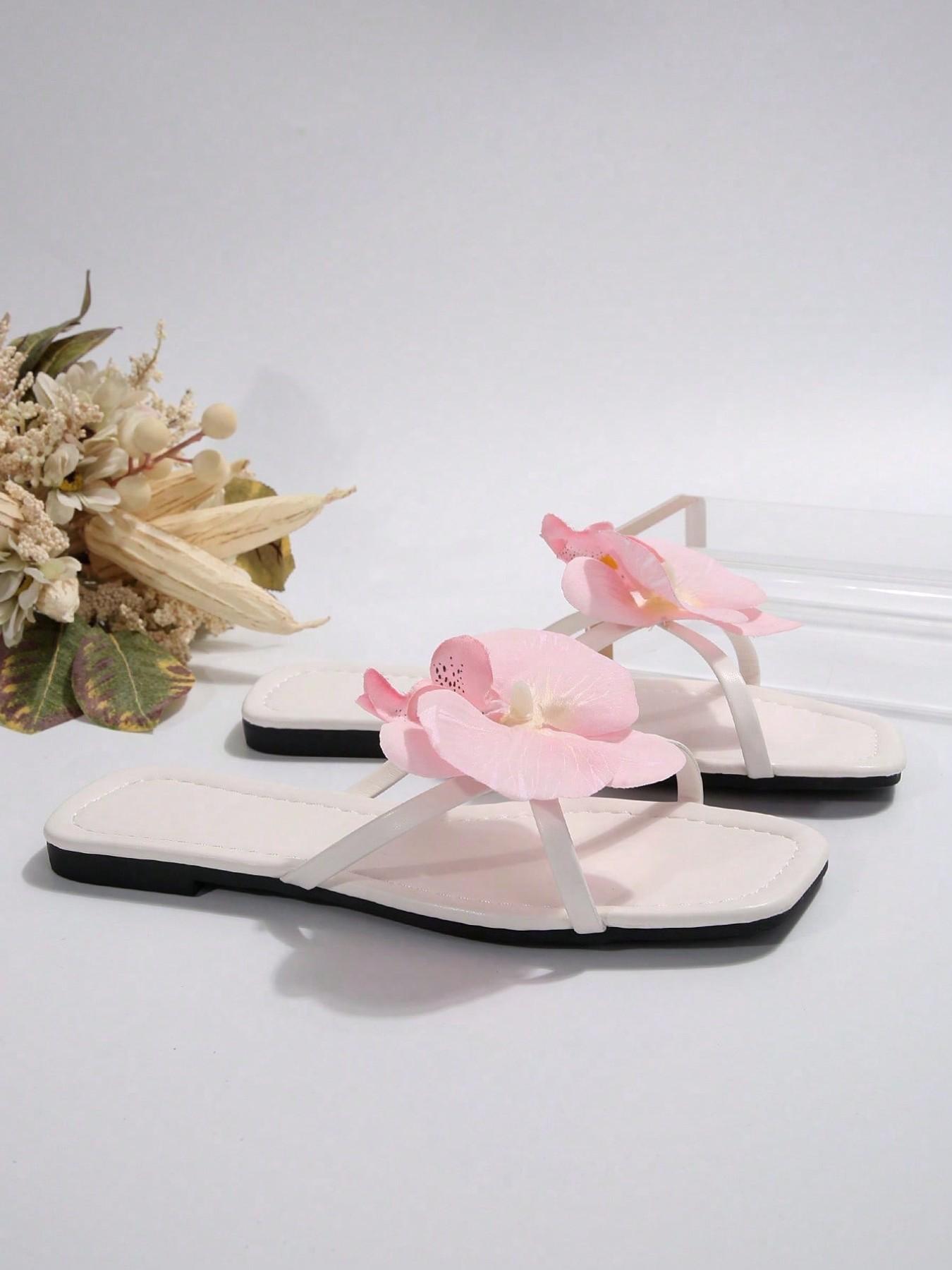 French Flat Flower Elegant Floral Design Sandals for Women, Summer Fashionable Square Toe PVC Shoes, Perfect for Parties, Beach, and Daily Wear, Flat Sole Sandals