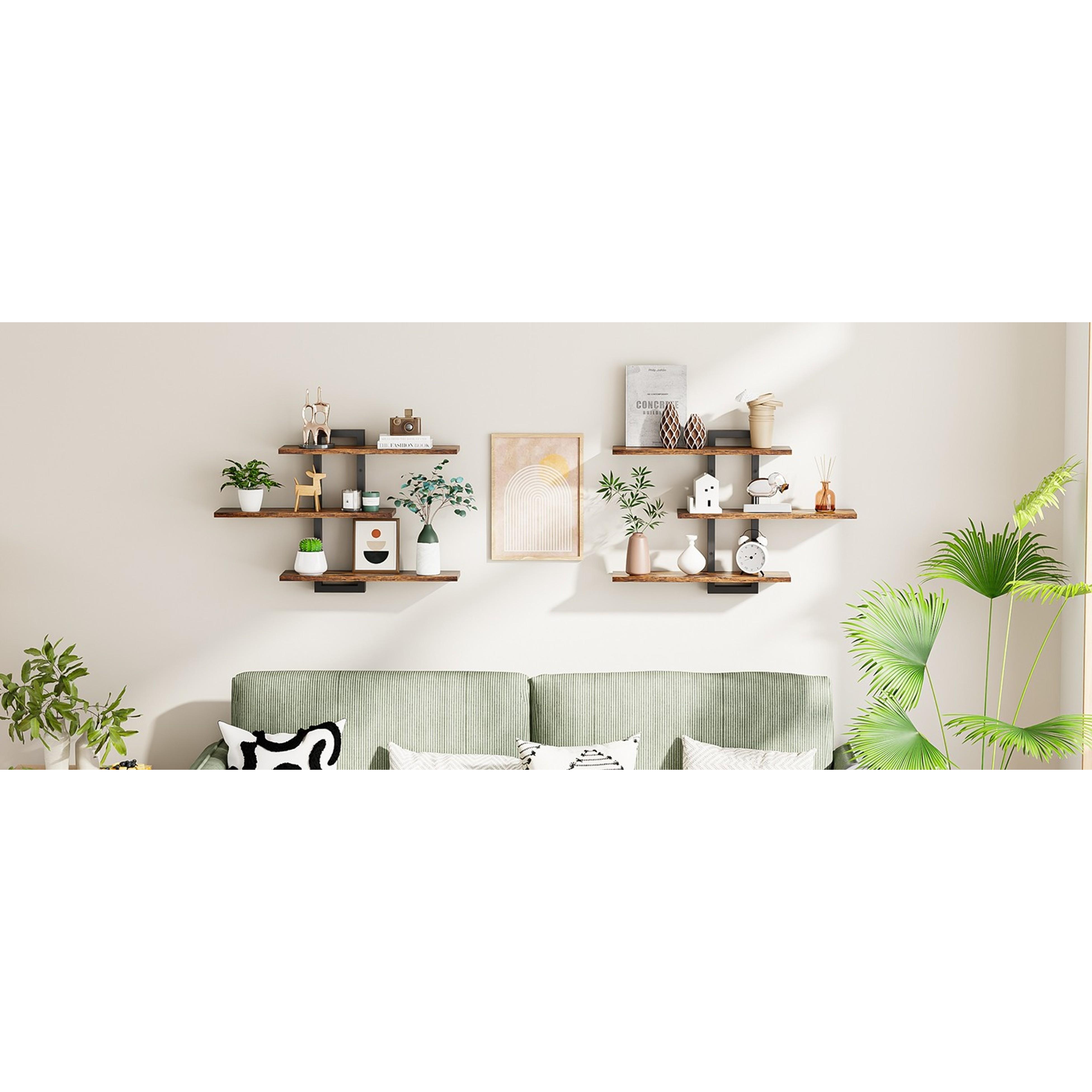 Rustic Brown and Black Wooden Floating Wall Shelves Set - 3-Tier Hanging Storage Racks for Bathroom, Bedroom, Easy Installation, Home Organizer Decor, Rustic Look