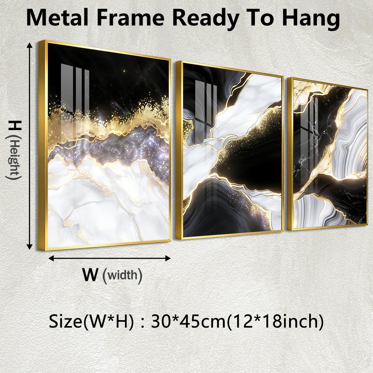 3 Counts Aluminum Alloy Framed Painting, Black White Gold Abstract Marble Art Pictures, Home Decoration For Living Room, Bedroom, Office, Restaurant, Hallway Wall Decor, Odorless Print Artwork, Luxury Perfect Gift For Friends And Family
