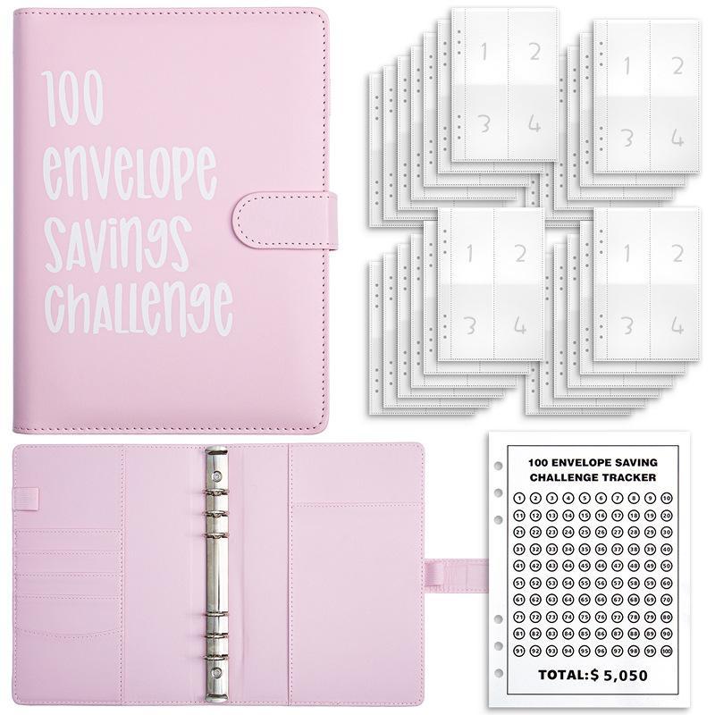 A5 Budget Binder Book with 100 Envelope Savings Tracker, Numbered Cash Envelopes for 100-Days $5,050 Saving Challenge, Pink Office Stationery Financial Organizer