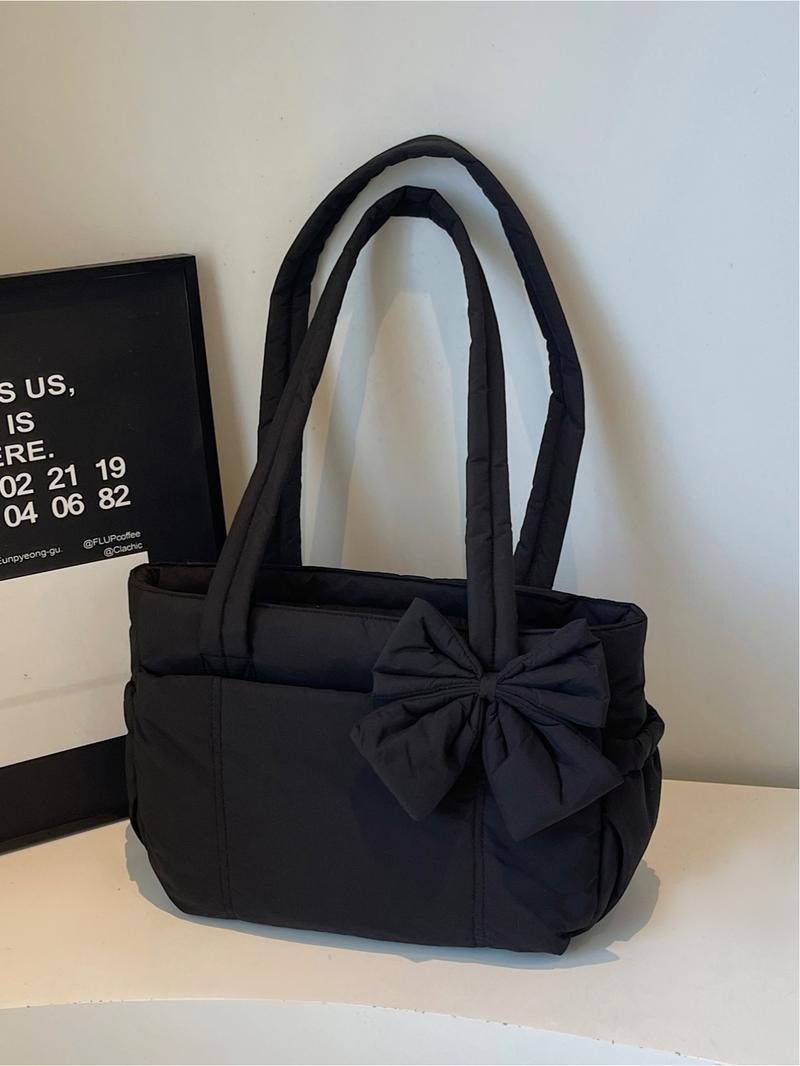 Pink quilted bow tote bag, a gentle, casual, lightweight, and spacious shoulder bag, Casual commuter bag, suitable for commuting, shopping, leisure outings, and everyday accessories.