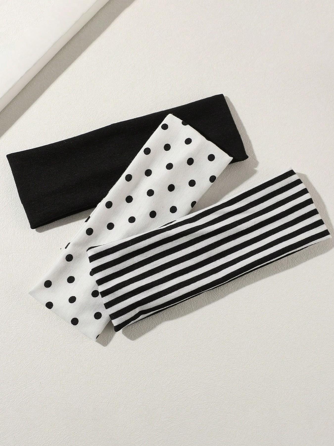 3pcs-Black-White-Polka-Dot-Striped-Elastic-Sweatband-Suitable-For-Daily-Life-Yoga-Fitness-Travel-Women-Hair-Accessories-Elastic Headbands-Headband Set