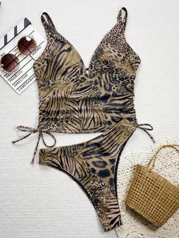 Women's Leopard Print Two-Piece Swimwear Set, Deep V Backless Ruched Tankini, Casual Summer Beach Swimsuit, High Cut Shorts