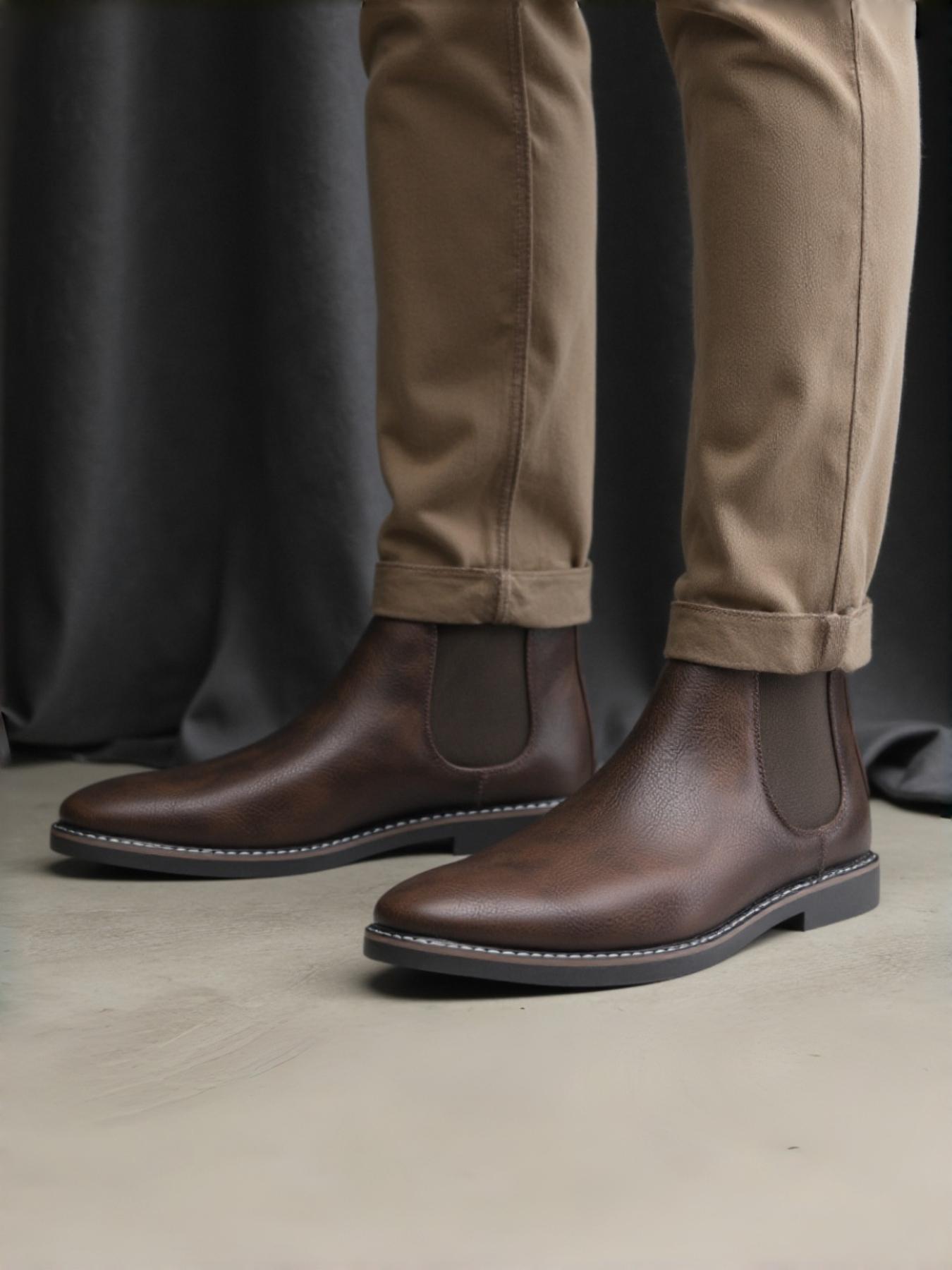 PU Leather Chelsea Boots, Vintage Simple Style, Stitched Elastic Fabric, Thick Rubber Sole Support, Natural Texture, Urban Youth Casual Walking Shoes