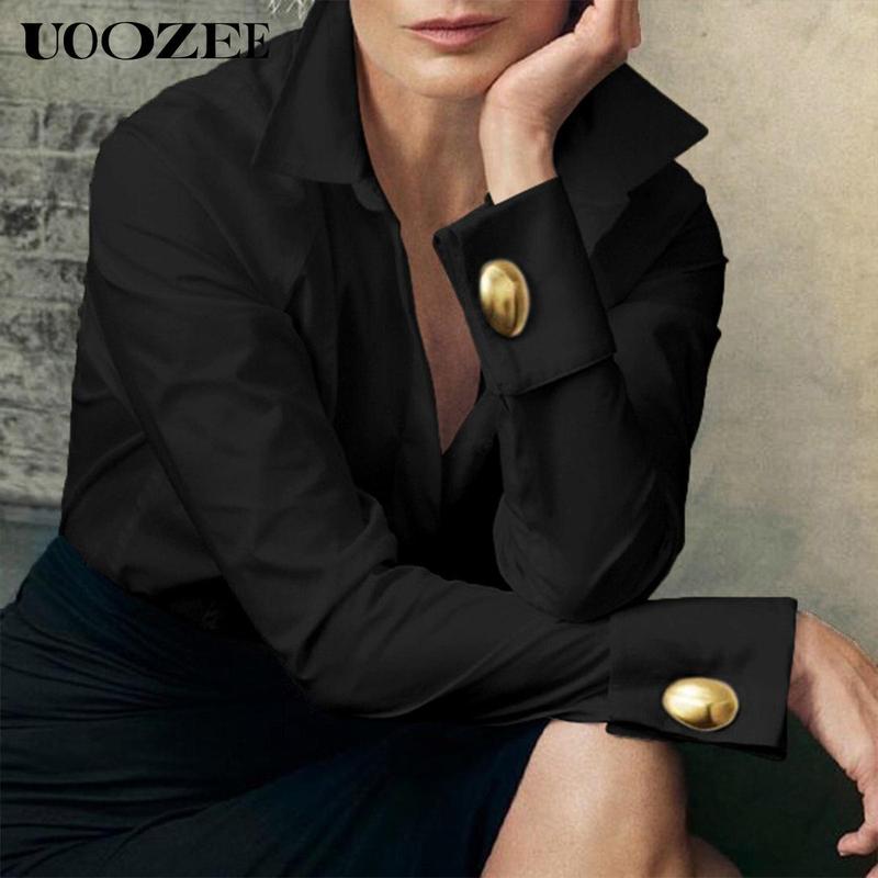 UOOZE Women's long-sleeved Slim Fit button-down solid color lapel shirt top, 100% cotton, embellished with gold buttons, suitable for multiple occasions all seasons blouses (One Size Up Recommended for C - Cup and Above) Casual cute fall outfits