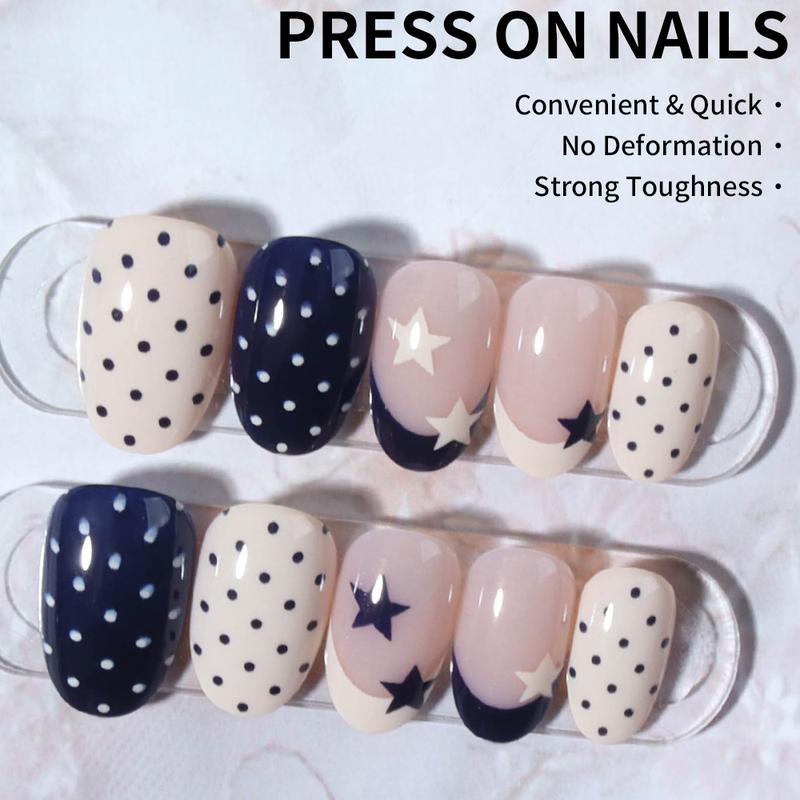 24pcs Short Oval Blue French Acrylic False Nails Set, Star & Polka Dot Design, Nail Art Design, Perfect Fit, Glossy Finish, for Women and Girls