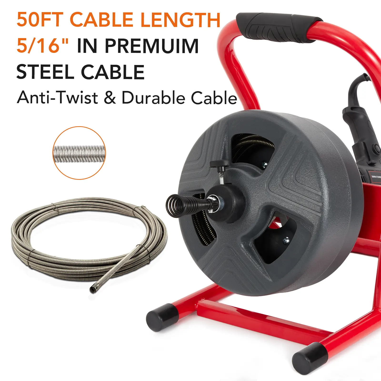 Drain Cleaning Machine, 50 Feet x 5/16 Inch Electric Drain Spiral Bit with 6 Cutters and Gloves, Sewer Auger with Pneumatic Foot Pedal Switch, Suitable for 3/4 to 3-Inch Pipes