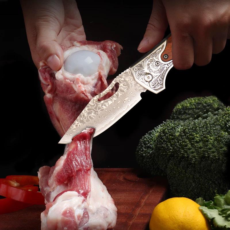 Damascus steel camping knife, chef's knife, solid wood handle, suitable for home kitchen, camping cooking barbecue, a gift for husbands, dads.