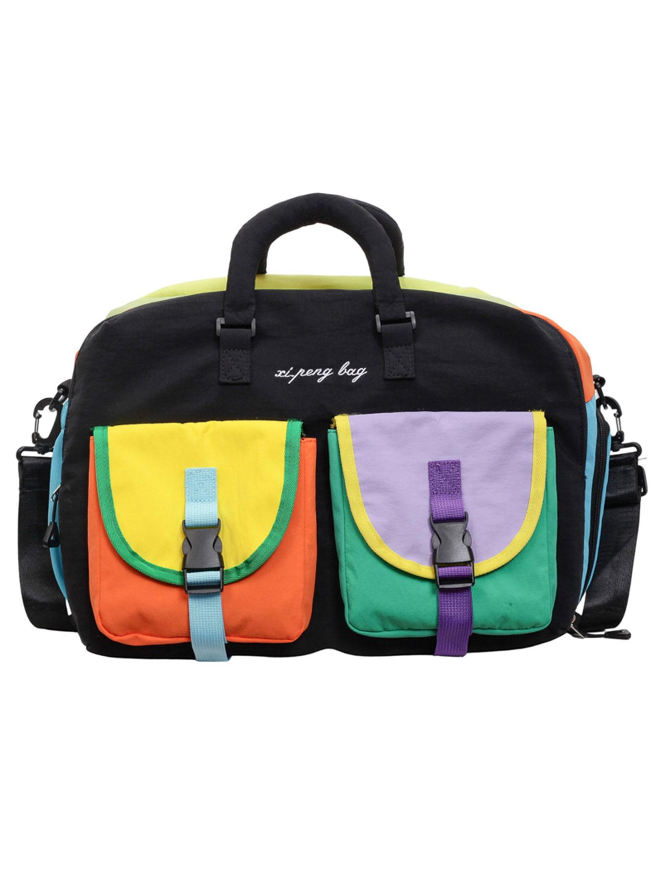 Vibrant Colorblock Duffel Bag, Lightweight Nylon, Large Capacity, Shoe Compartment, Detachable Strap, Ideal for Travel & Gym
