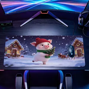 Extra Large festive winter pig holding christmas tree Mouse Pad，Non Slip Rubber Pad，Desktop Decoration Drotection Pad，Washable，Lock Edge Multi Size，Premium Multipurpose Mousepad For Home，Office，Gift for Family and Friends
