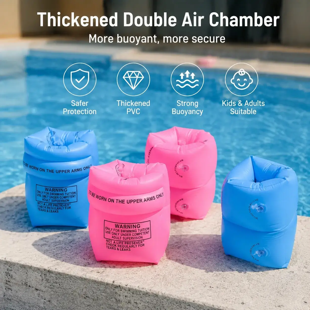 Thick PVC Inflatable Swim Arm Bands (1 Pair) - Unisex Above-Ground Pool Floater for Kids & Adults, Double Air Chamber, Adjustable Buoyancy, Flush Design Valves, Fast Inflation & Deflation, Skin-Gentle Water Toy