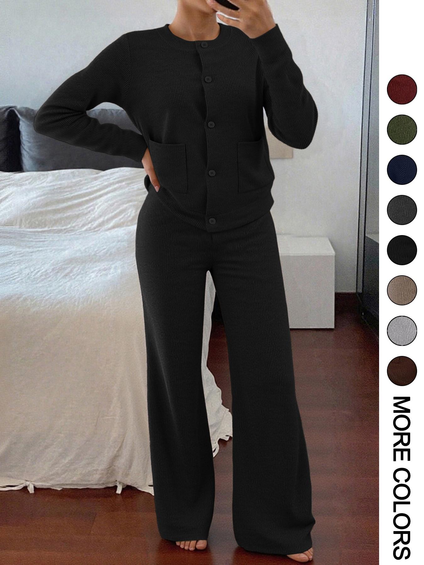 Women's Casual Comfortable Round Neck Long Sleeve Knit Sweater Set, High Waist Versatile Wide Leg Pants, Perfect for Daily Wear