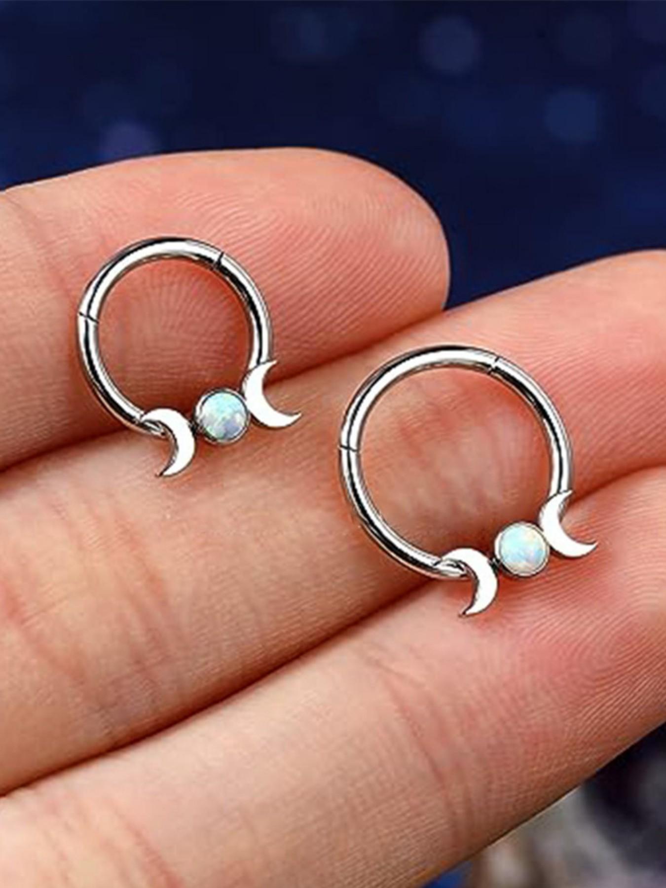 Moon Opal Septum Ring for Women, Stainless Steel Nose Ring Hoop, Double Crescent Cartilage Earring, Minimalist Piercing Jewelry, Aesthetic Gift