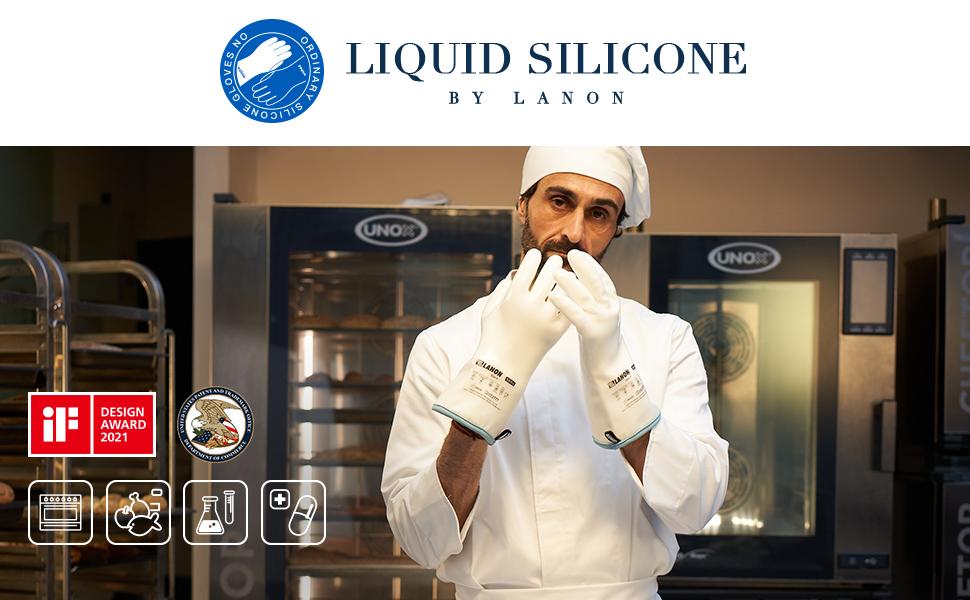 LANON Liquid Silicone Gloves, Heat Resistant Oven Gloves with Fingers, Food Grade, Waterproof, White, Medium