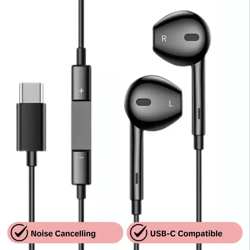 USB C Headphones, Type C Earphones, In Ear Design, Wired Electronic Earphones, Wired Earphones with Mic & Remote Control, Noise Cancelling Earbuds for iPhone 16/15 Pro Max Plus, iPad Pro, Galaxy S23/S22/S21/S20/Ultra Note 10/20, Audio, Headphones Jack