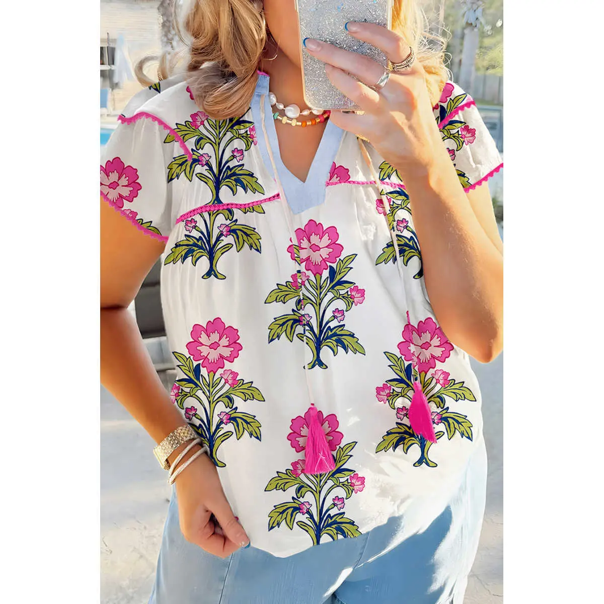 Rose Vintage Floral Print Contrast Notched V Neck Plus Size Summer Blouse