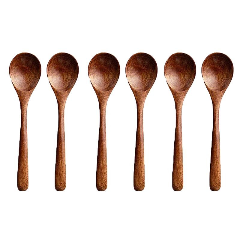 Natural Wooden Spoon Set, 4/6 Counts Multi Specification Durable & Eco-friendly Long Handle Cooking Spoons for Kitchen, Cooking, Baking & Serving