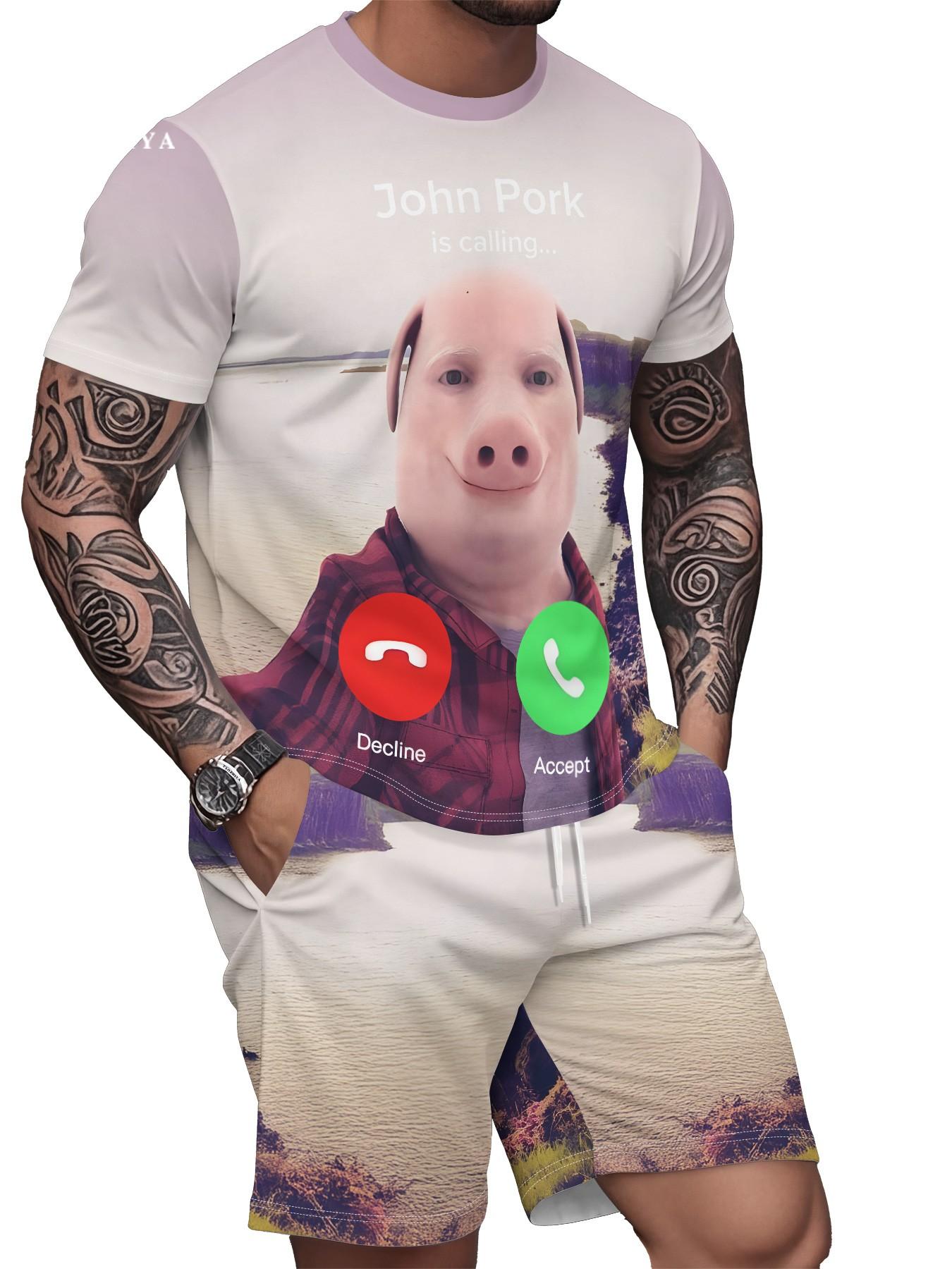 Men's Printed T-Shirt and Shorts Set, John Pork 3D Print Short Sleeve Tee and Casual Shorts, Unique Cool Street Style Outfit