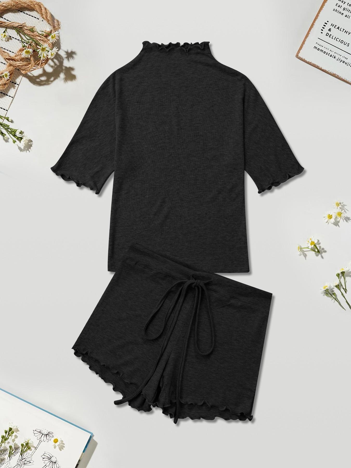 Women's 2 Piece Lounge Set, Short Sleeve Mock Neck Top & Drawstring Ruffle Shorts, Y2K Aesthetic Cozy Summer Pajama Sleepwear