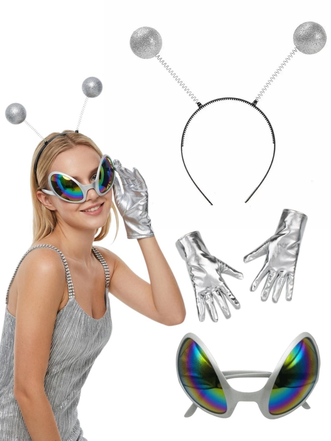 3-Piece Alien Costume Set for Holiday Parties, Includes Shiny Headpiece, Gloves, Weird Glasses, Perfect for Christmas Performances