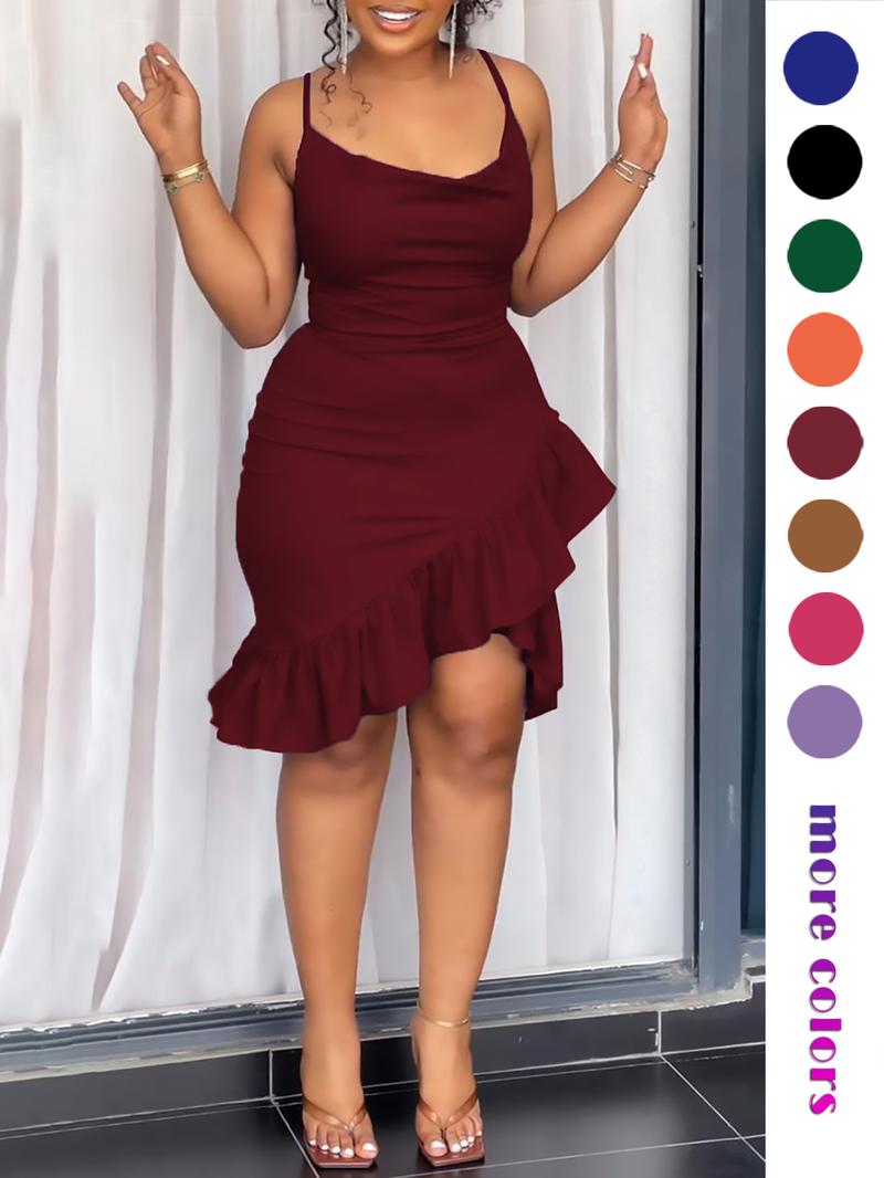 Women's Plain Asymmetrical Hem Cami Dress, Elegant Sleeveless Dress for Party Dating Wear, Ladies Summer Clothes